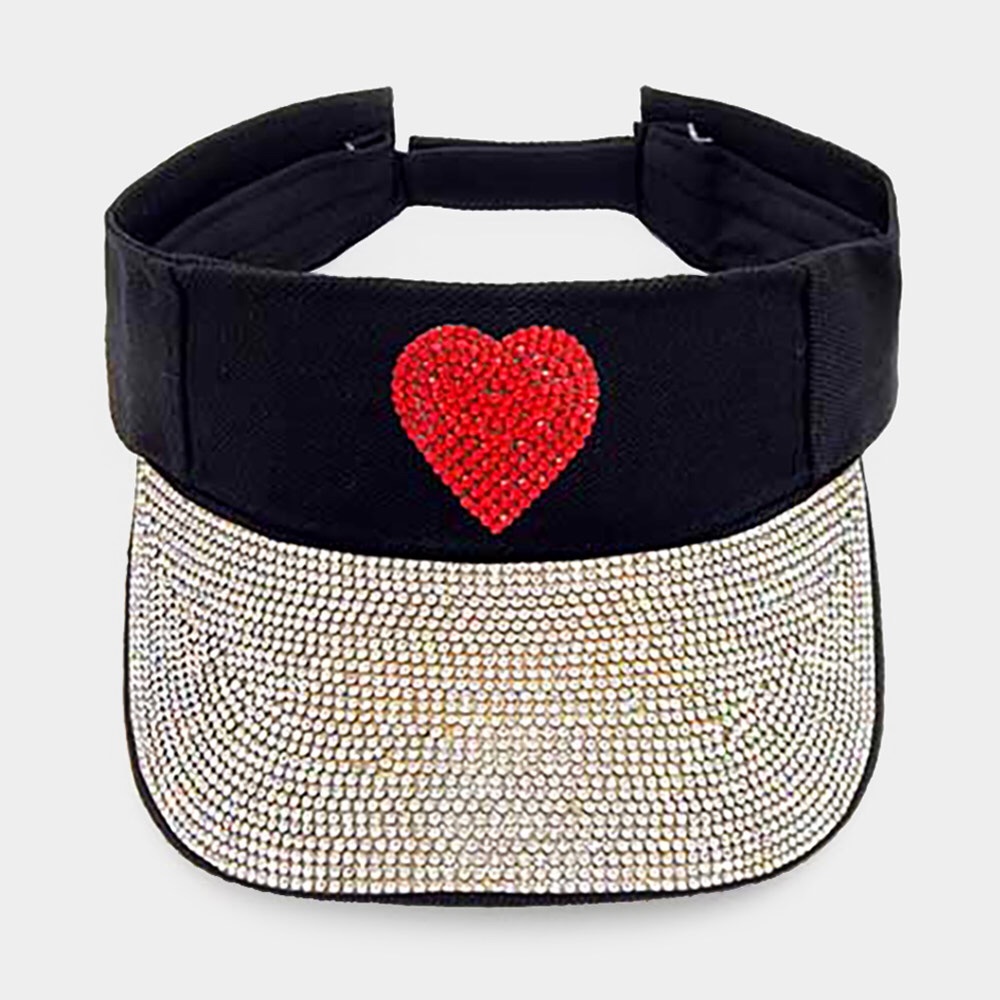 Bling Rhinestone Heart Accented Visor Hat